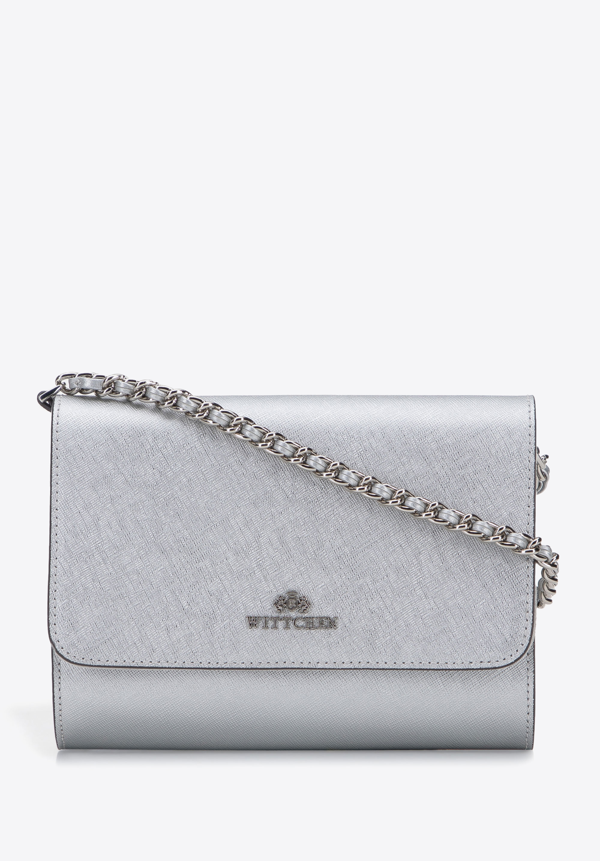 Clutch aus Saffiano-Leder mit Kettenschulterriemen, silber, 95-4E-670-S, Bild 1