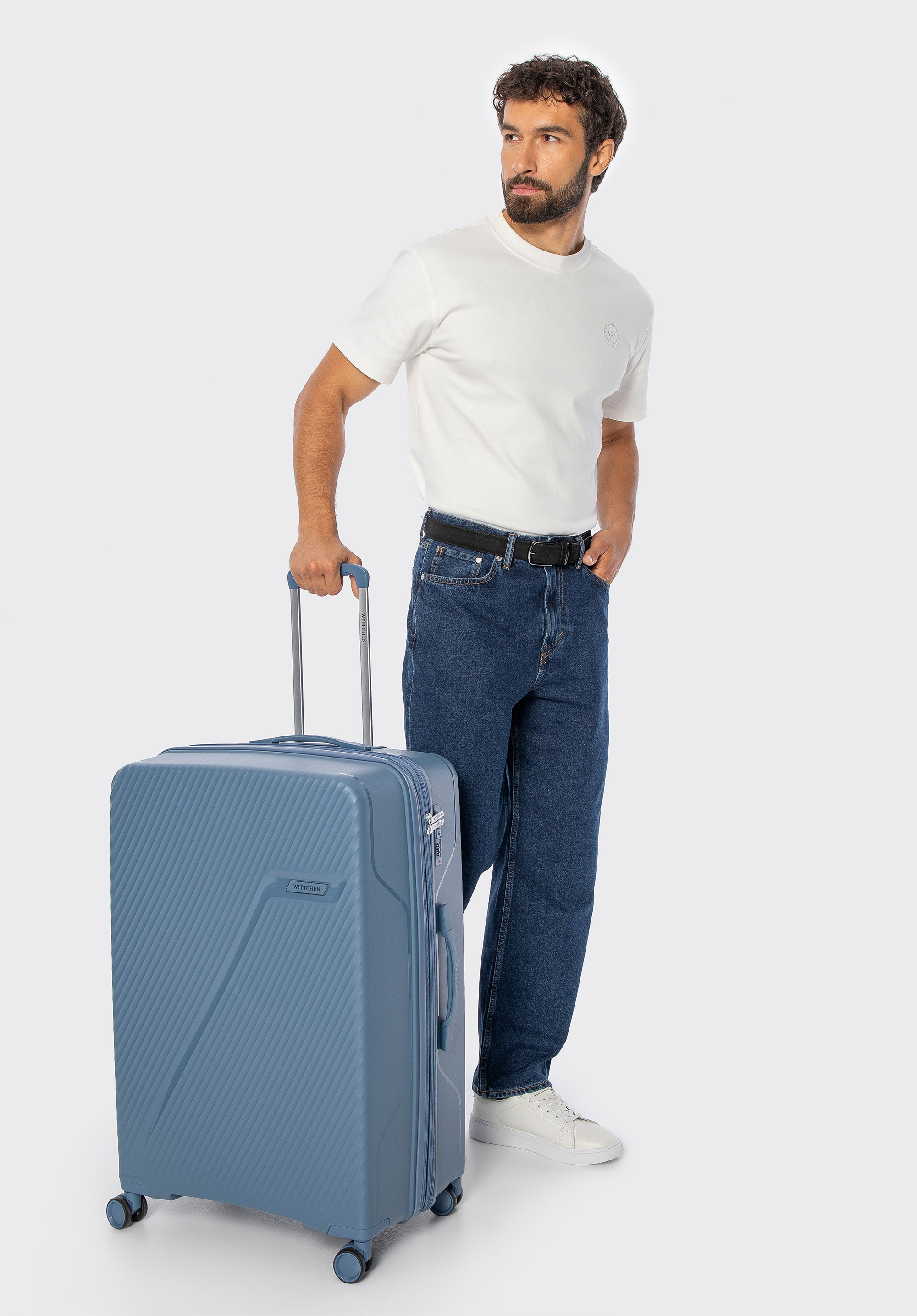 Велика поліпропіленова валіза з діагональними смугами, синій, 56-3T-503-70, Фото 1