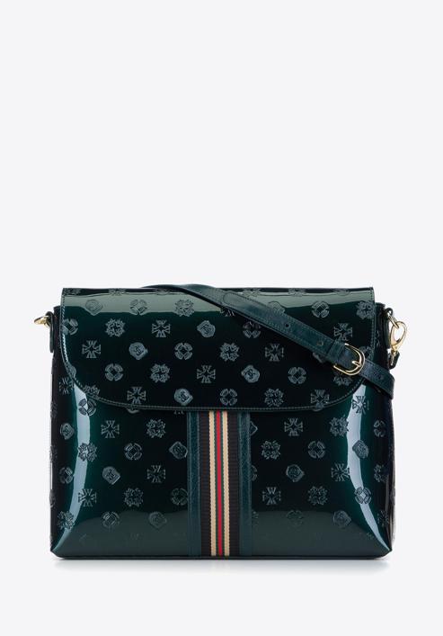 Női lakkozott bőr táska monogrammal és szalaggal, smaragd zöld, 34-4-233-0, Fénykép 1