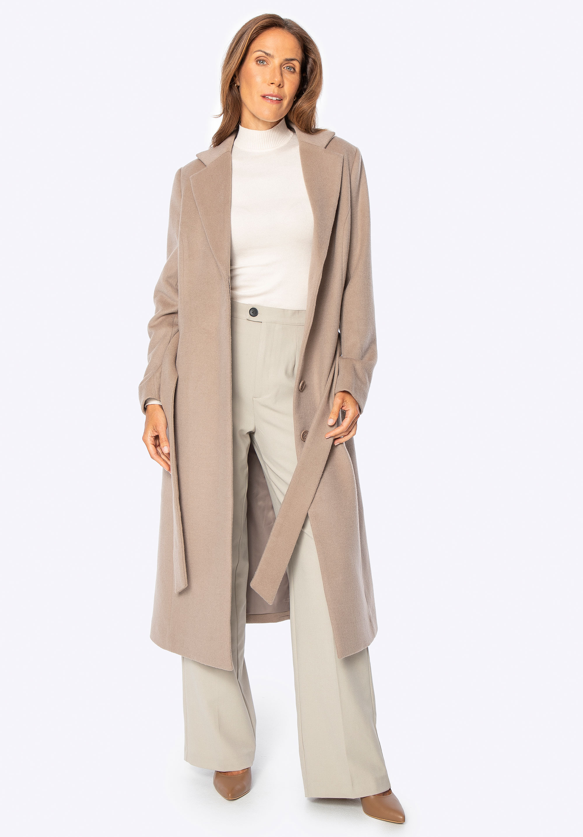 Kasmír keverékű gyapjú kabát, sötét bézs, 101-9W-700-9-XL, Fénykép 1