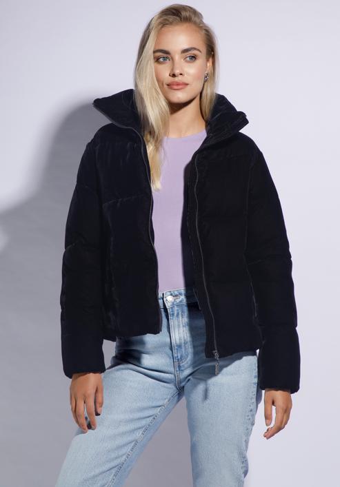 Női steppelt kabát ökovelúrból, sötét sötétkék, 95-9D-404-3-XS, Fénykép 1
