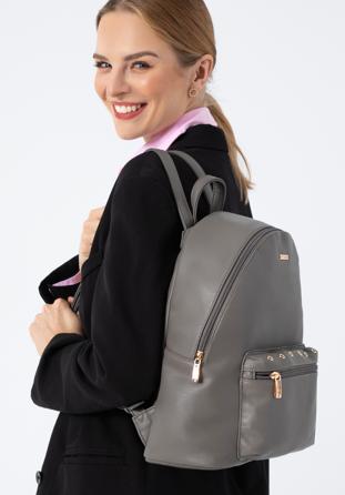 Női műbőr szegecses zsebű hátizsák, sötét szürke, 97-4Y-517-8, Fénykép 1