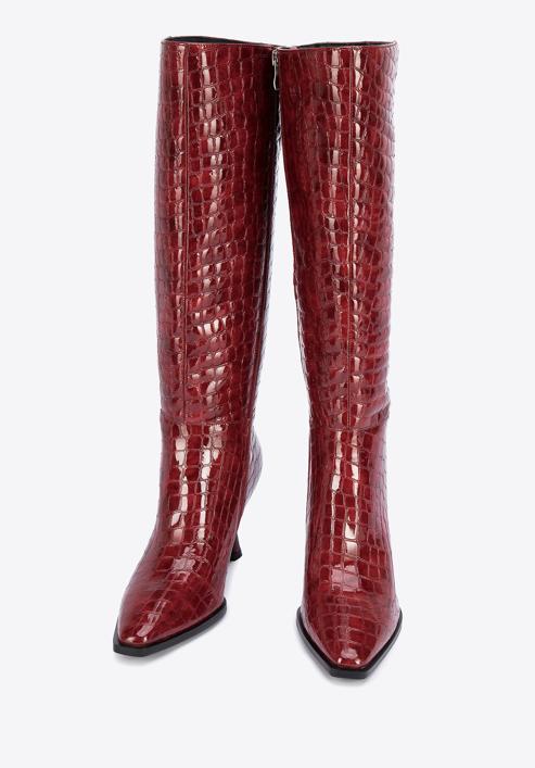 Női magassarkú bőr csizma krokodilbőr textúrával, sötét vörös, 95-D-507-3-40, Fénykép 2