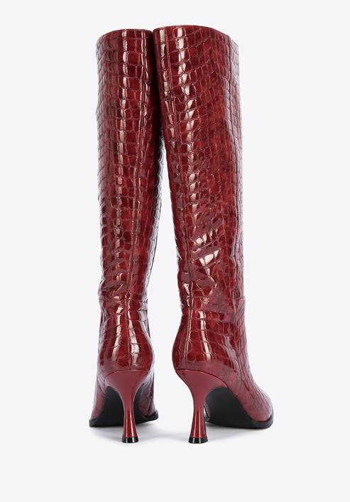 Női magassarkú bőr csizma krokodilbőr textúrával, sötét vörös, 95-D-507-1-39, Fénykép 4