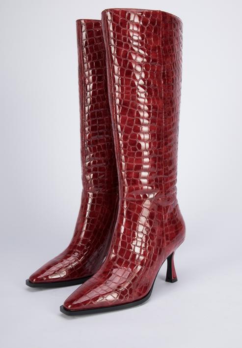Női magassarkú bőr csizma krokodilbőr textúrával, sötét vörös, 95-D-507-1-39, Fénykép 7