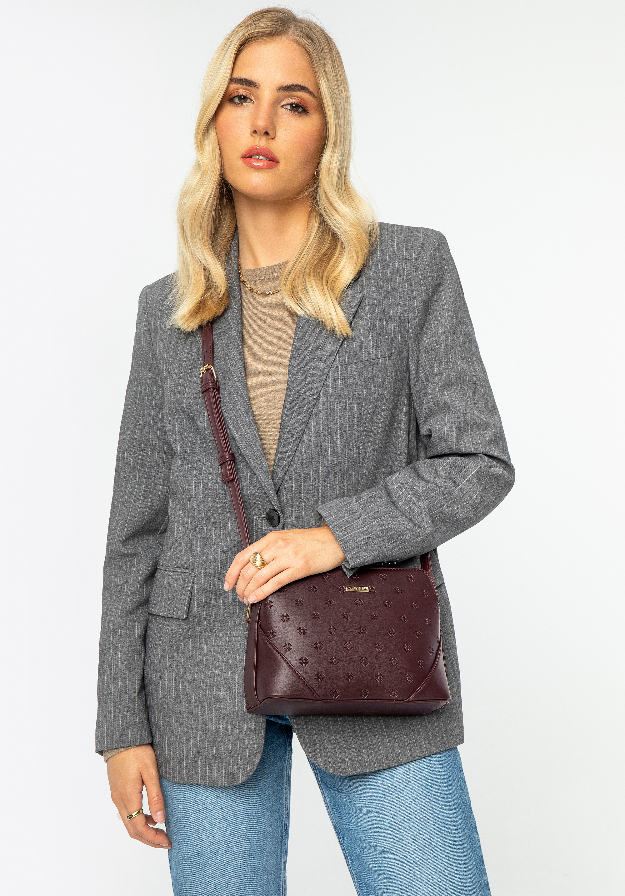 Női monogramos, műbőr crossbody táska, sötét vörös, 99-4Y-205-3, Fénykép 1