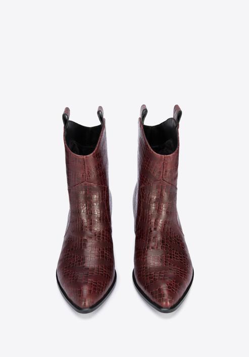 Női rövidszárú bőr cowboy csizma krokodilbőr textúrával, sötét vörös, 95-D-502-3-38, Fénykép 3