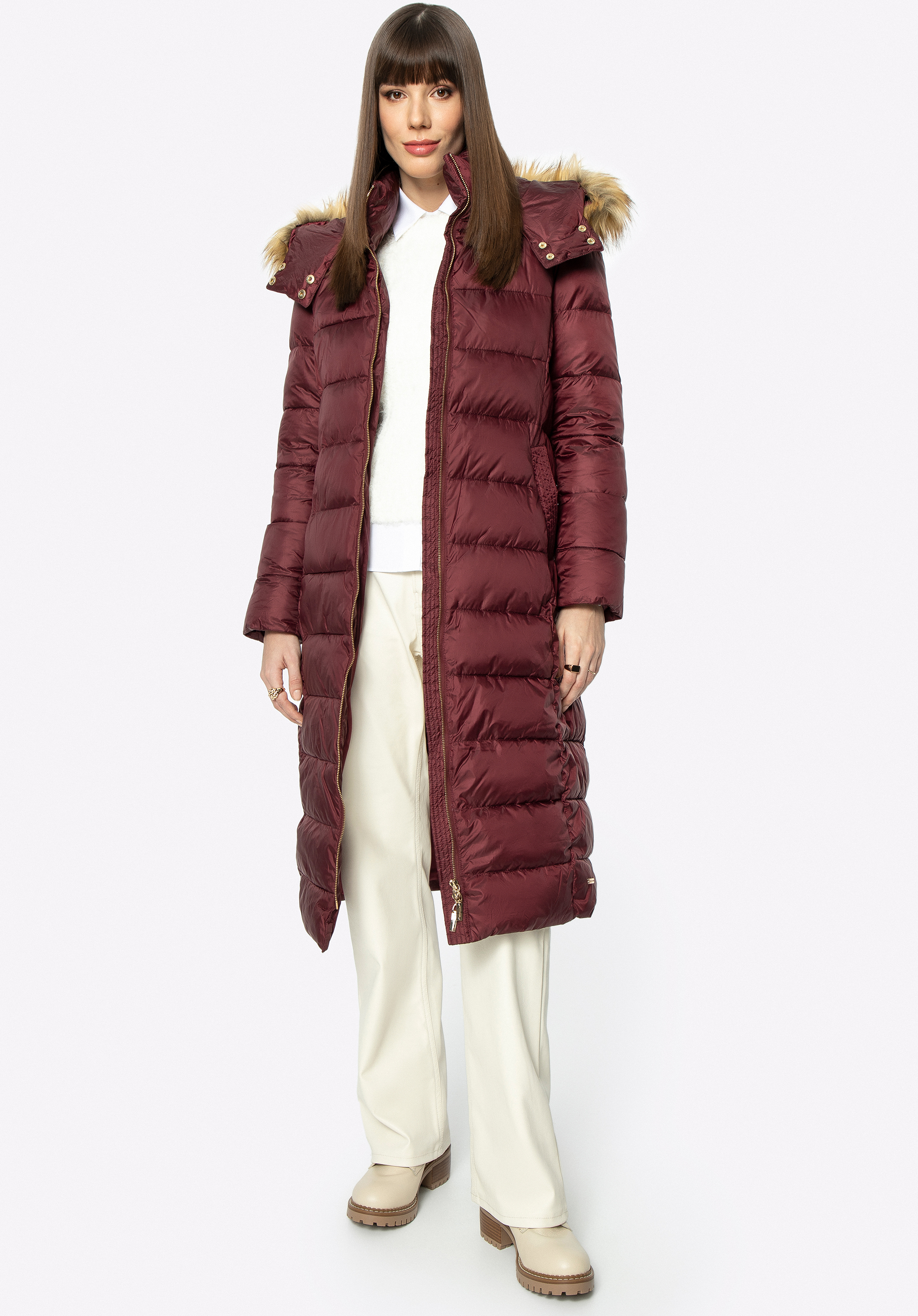 Női steppelt téli kabát szőrmés kapucnival, sötét vörös, 95-9D-400-3-L, Fénykép 1