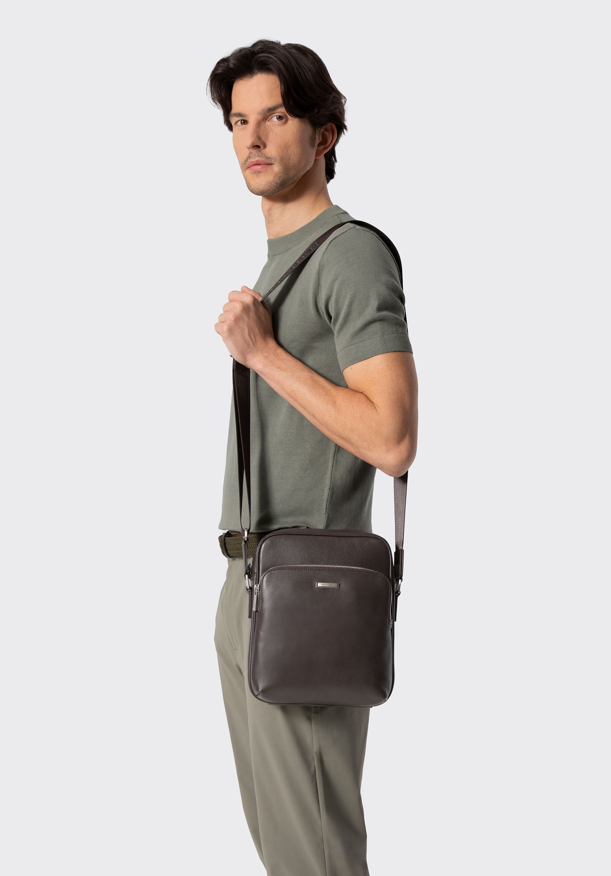 Férfi bőr crossbody táska extra zsebbel, sötétbarna, 102-4U-603-4, Fénykép 1
