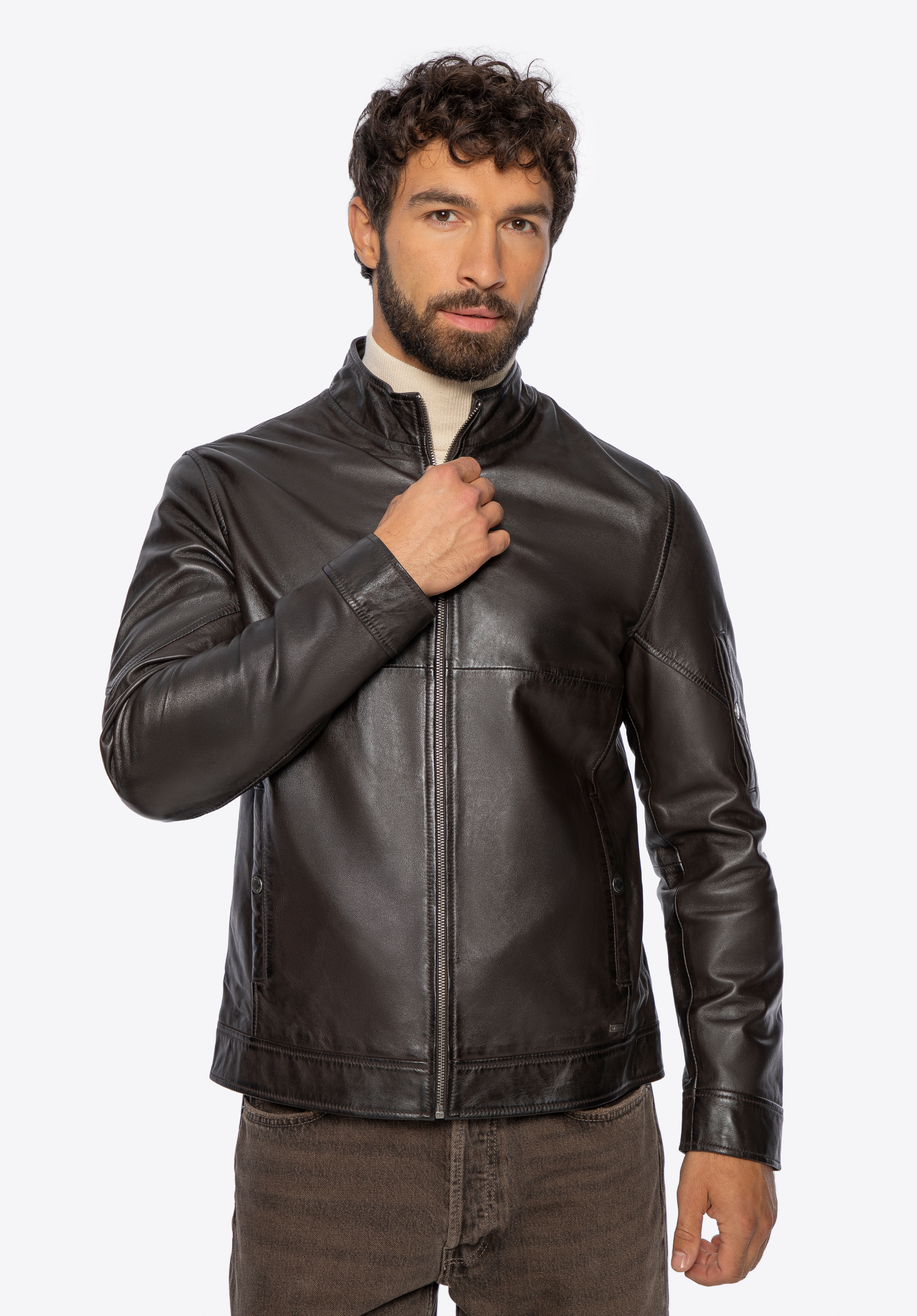 Férfi bőrkabát ujjzsebbel, sötétbarna, 101-09-854-4-M, Fénykép 1