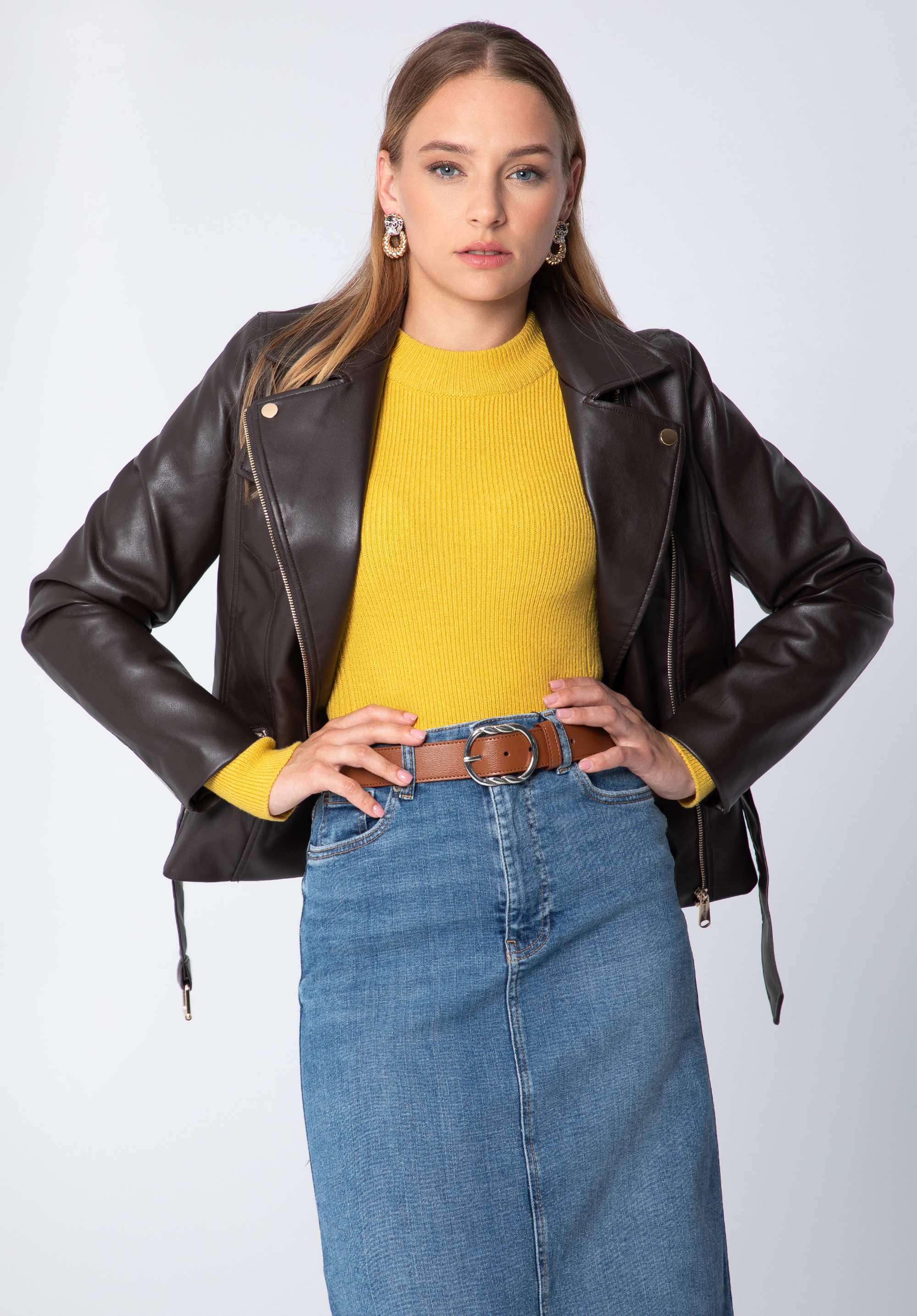 Női műbőr motoros kabát, sötétbarna, 97-9P-103-4-2XL, Fénykép 1