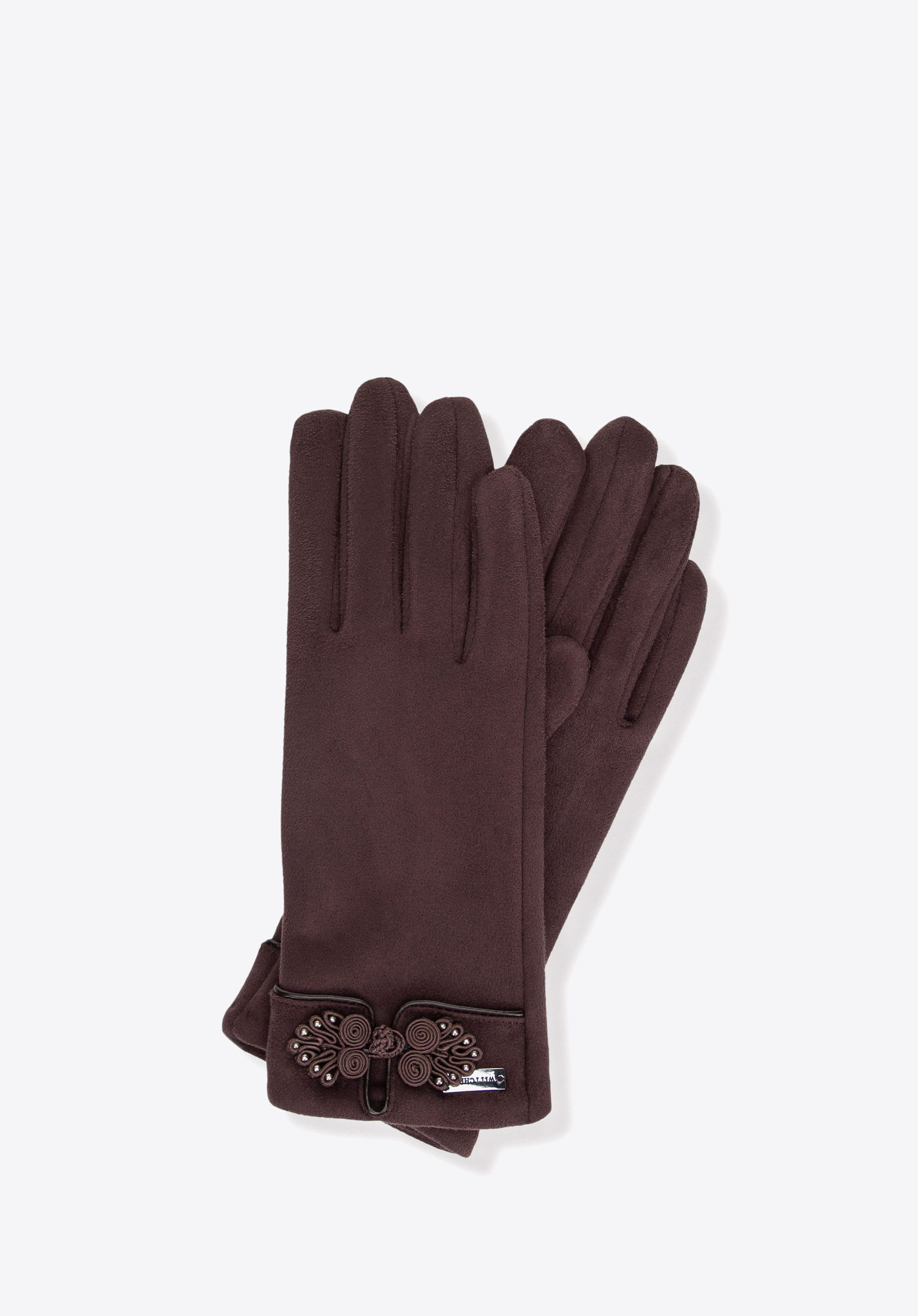 Női kesztyű dekoratív részletekkel, sötétbarna, 39-6P-058-4-M_L, Fénykép 1