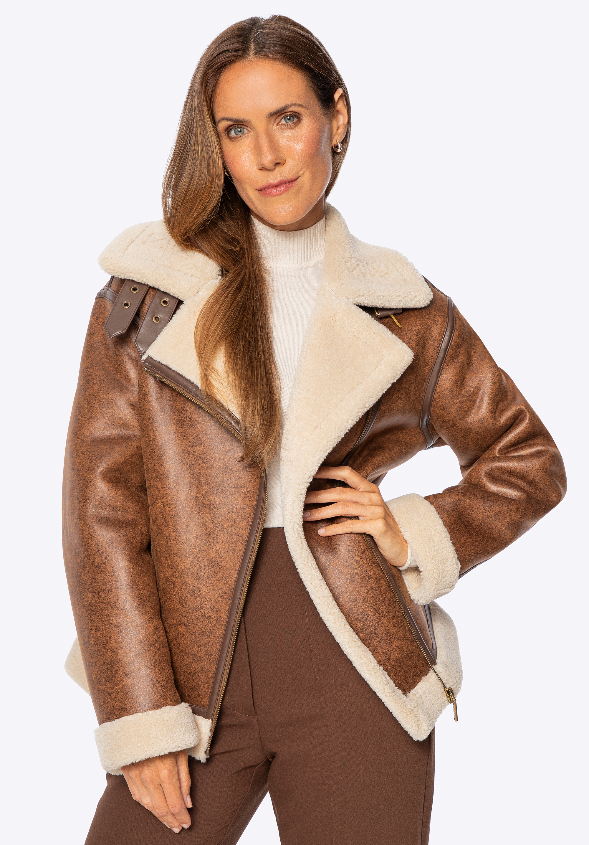 Női túlméretezett velúrkabát, barna, 101-9W-906-4-XL, Fénykép 1