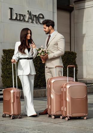 Polikarbonát közepes bőrönd, vörösarany cipzárral, néma rózsaszín, 56-3P-132-77, Fénykép 1