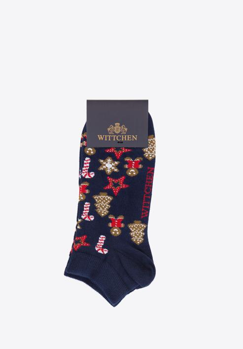Női karácsonyi díszes zokni, sötétkék-barna, 98-SD-050-X3-38/40, Fénykép 1