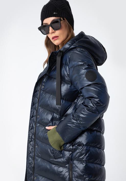 Női hosszú nylon steppelt kabát, sötétkék-fekete, 97-9D-406-Z-S, Fénykép 3