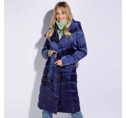 Hosszú női steppelt kabát kapucnival, sötétkék, 95-9D-401-N-S, Fénykép 1