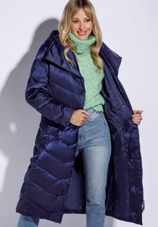 Hosszú női steppelt kabát kapucnival, sötétkék, 95-9D-401-N-S, Fénykép 1