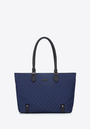 Jacquard shopper táska bőr pántokkal, sötétkék, 95-4-908-N, Fénykép 1