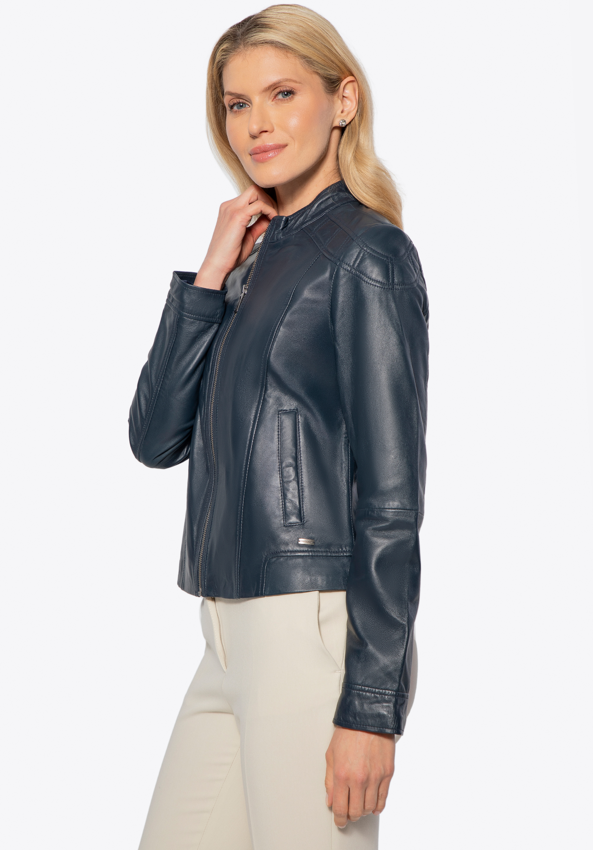 Klasszikus női bőrkabát, sötétkék, 100-09-800-N-M, Fénykép 1