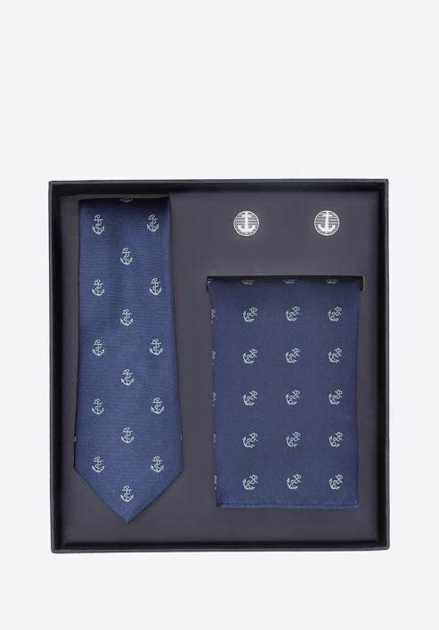 Mintás díszzsebkendő, mandzsettagomb és nyakkendő szett, sötétkék, 91-7Z-003-X1D, Fénykép 1