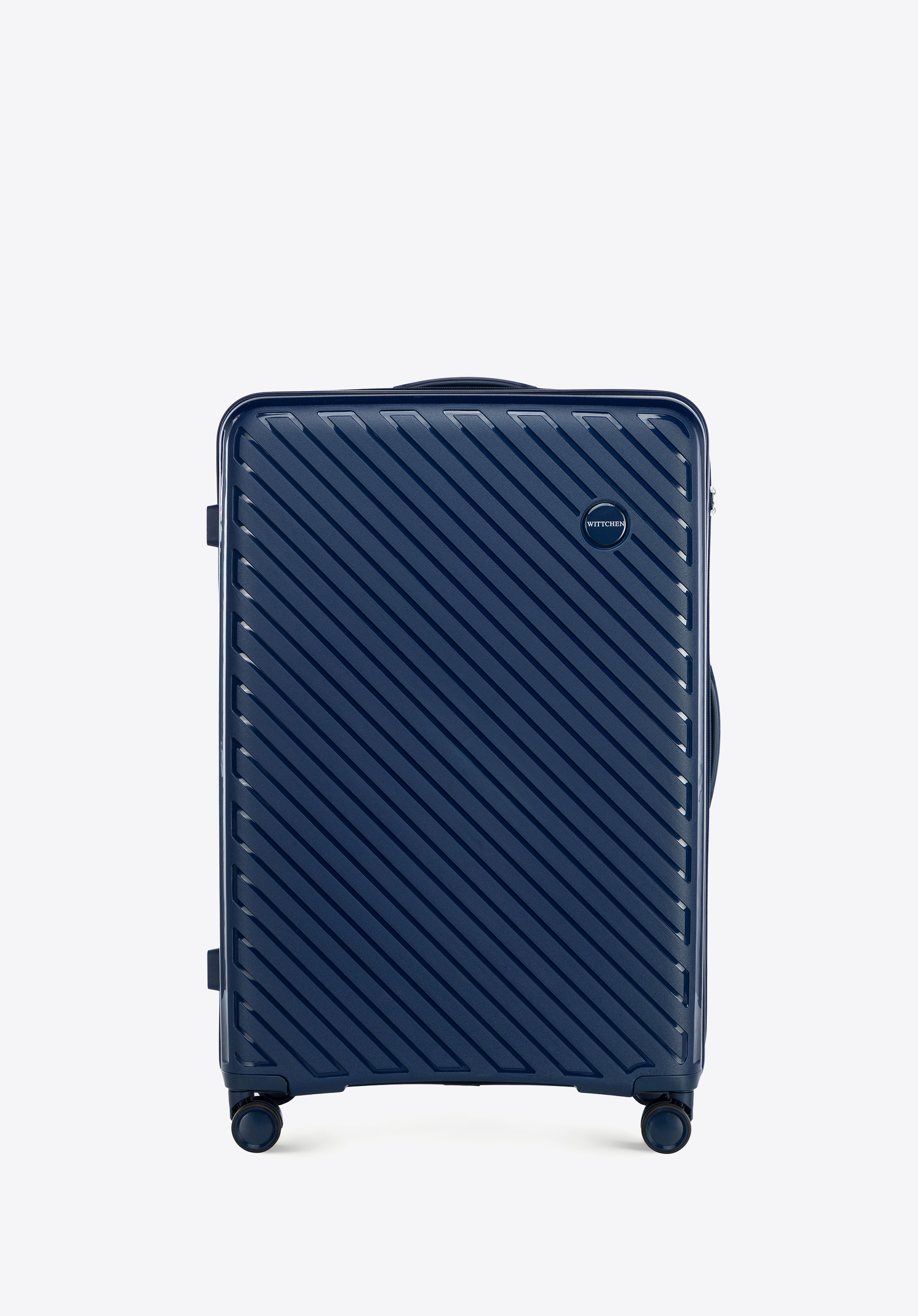 Nagy polipropilén bőrönd dombornyomott csíkokkal, sötétkék, 56-3T-203-90, Fénykép 1