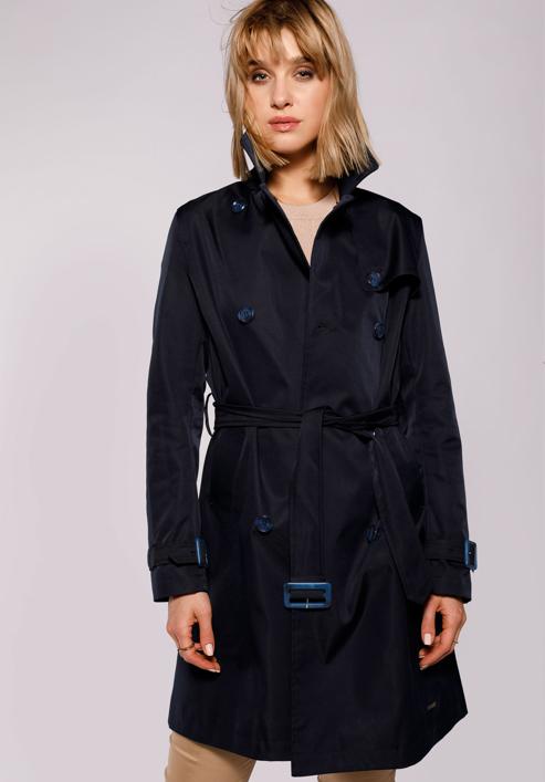 Női kétsoros trendi kabát, sötétkék, 92-9N-401-7-2XL, Fénykép 1