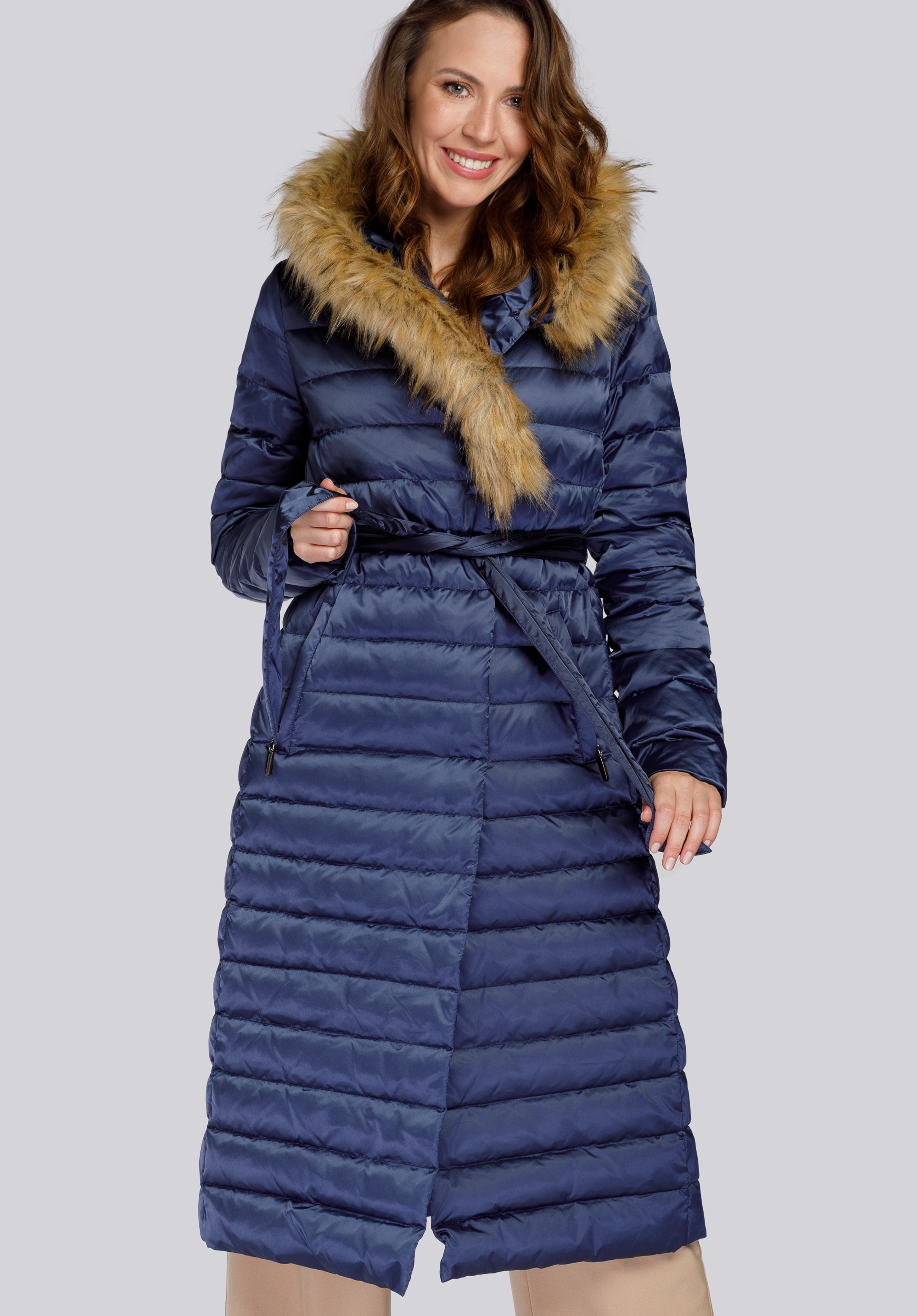 Női pehelykabát aszimmetrikus műszőrmével, sötétkék, 93-9D-408-N-XL, Fénykép 1