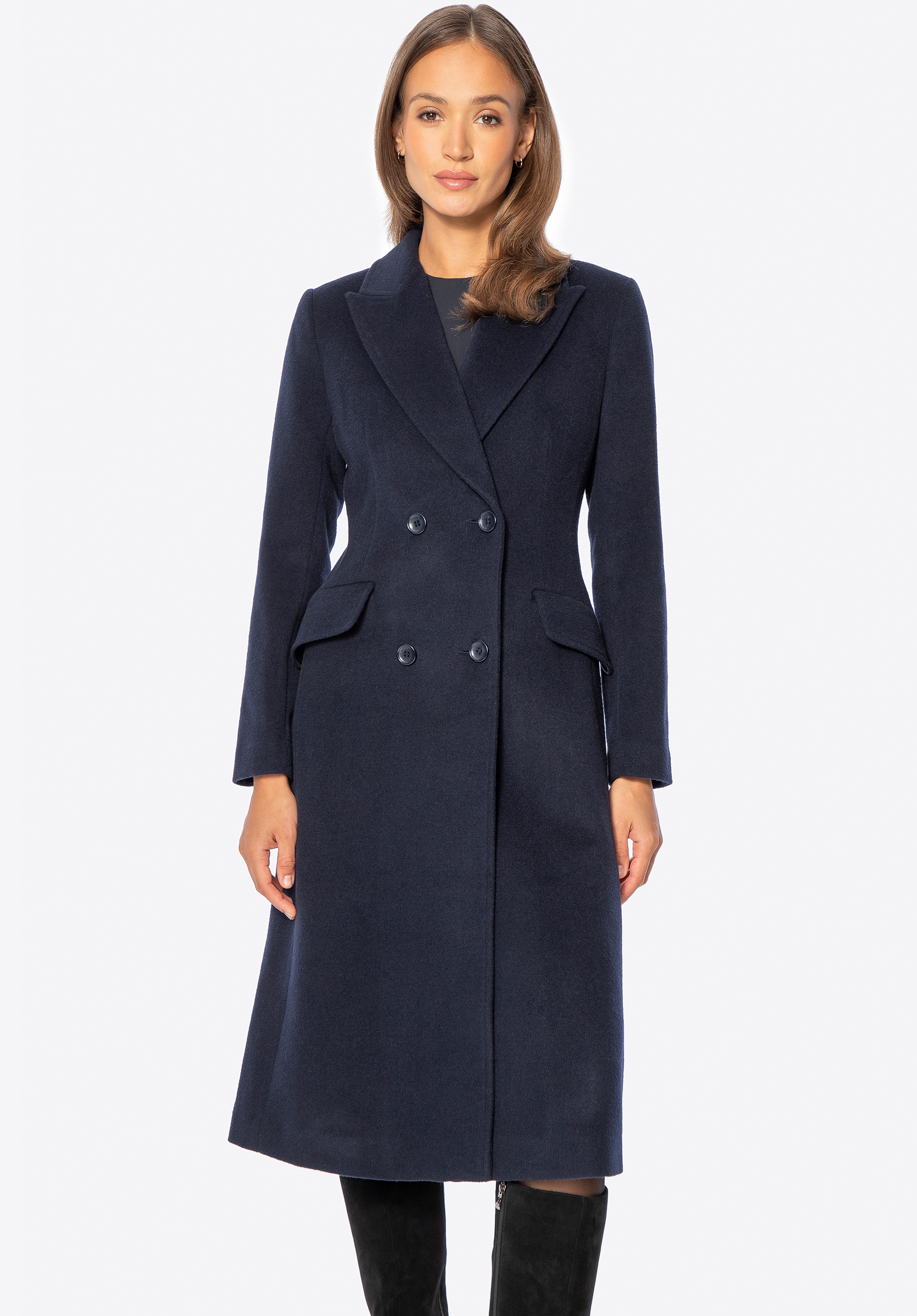 Női gyapjú és kasmír kabát, sötétkék, 101-9W-703-N-XL, Fénykép 1