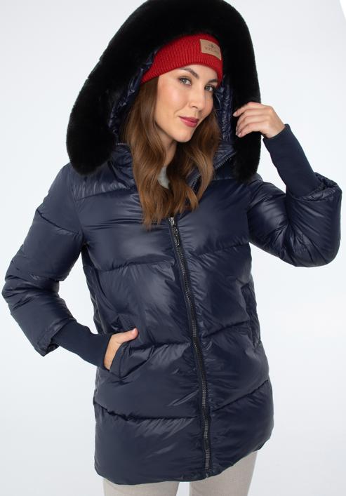 Női nejlon steppelt kabát kapucnival, sötétkék, 97-9D-404-1-M, Fénykép 3