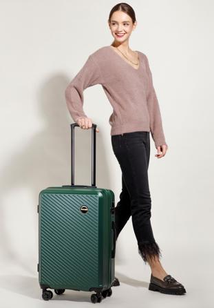 Közepes méretű bőrönd ABS-ből átlós vonalakkal, sötétzöld, 56-3A-742-85, Fénykép 1