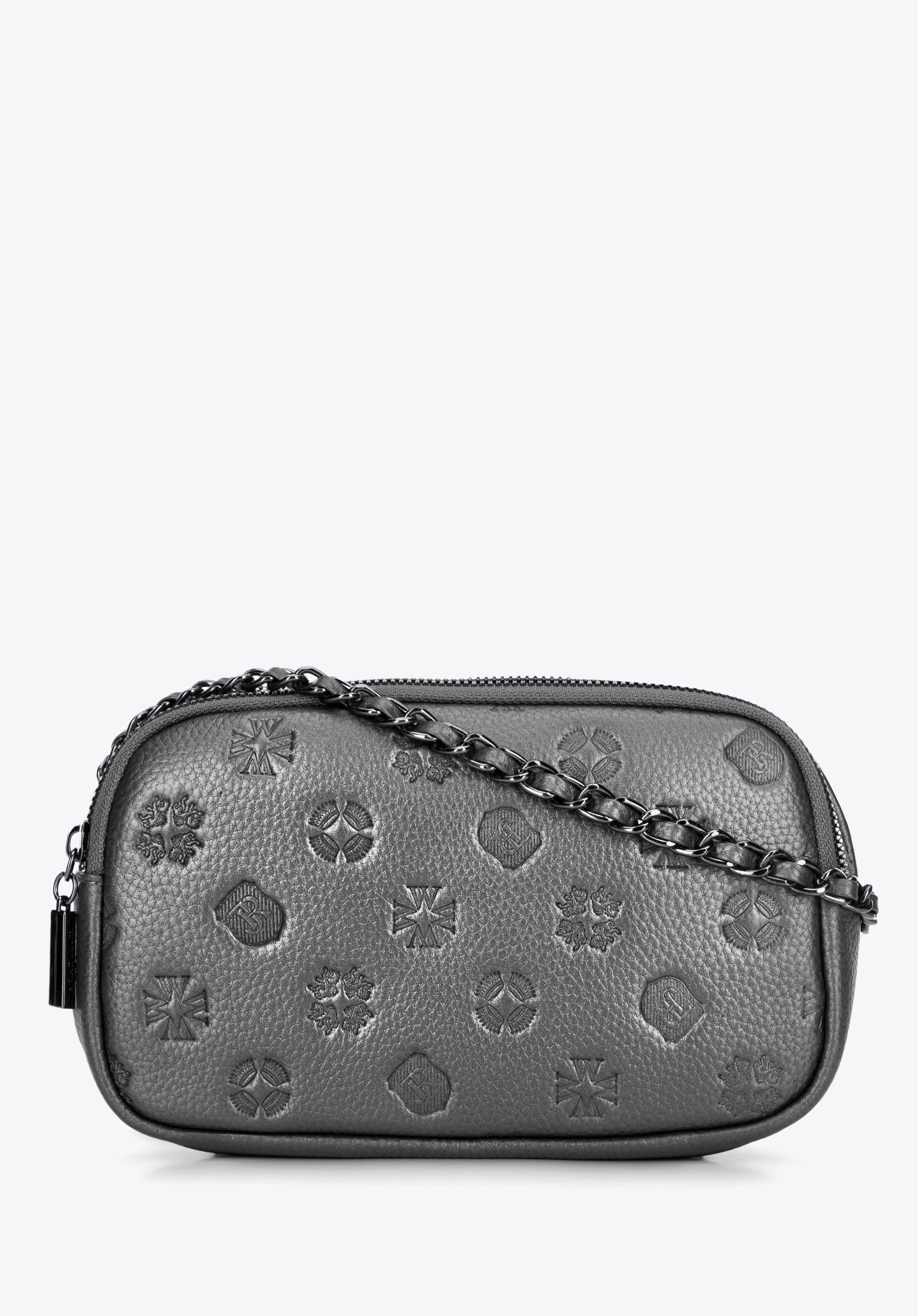 Dámská kožená crossbody kabelka s řetízkovým popruhem přes rameno, stříbrno-černá, 99-4E-305-S, Obrázek 1