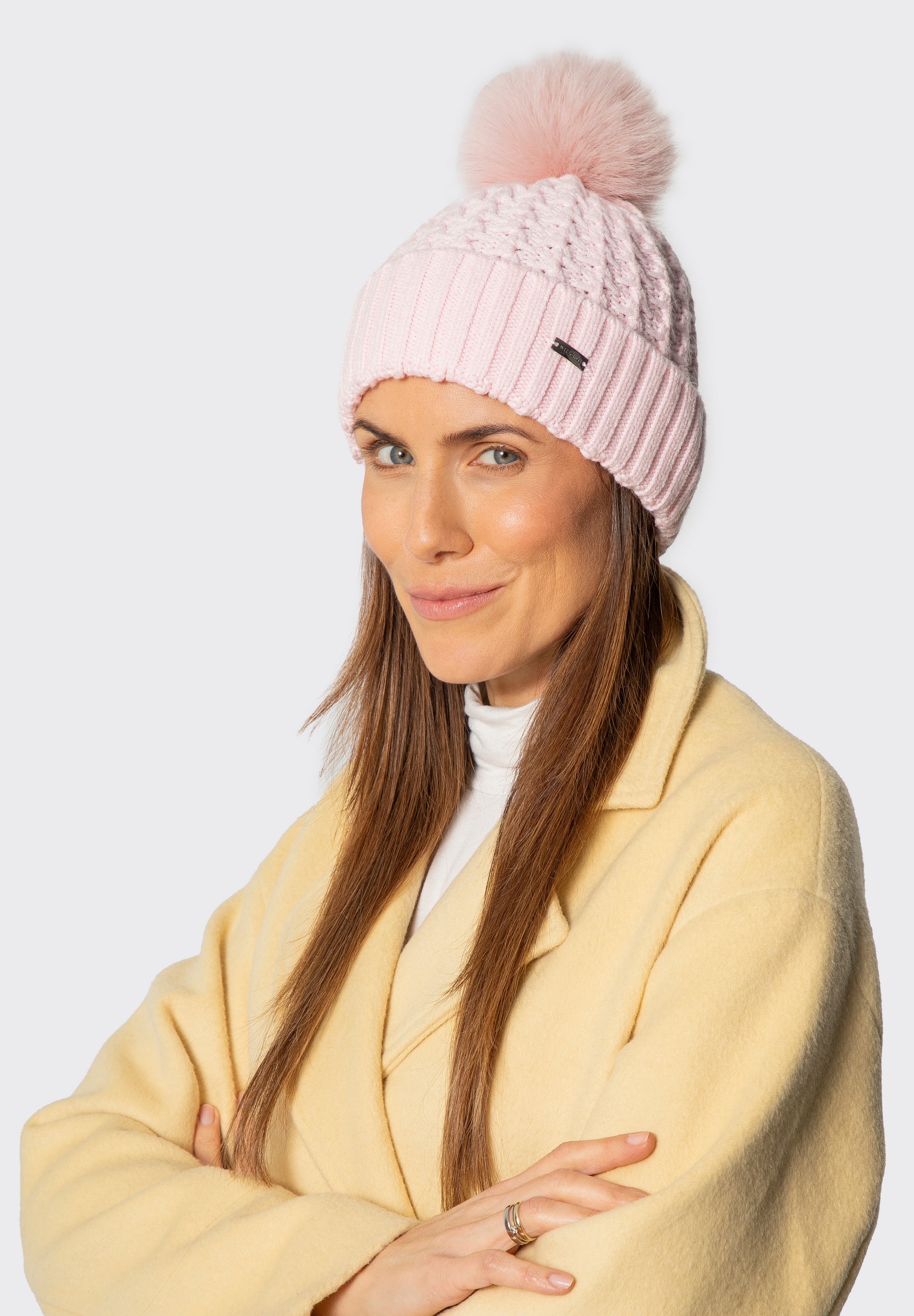 Dámská čepice s hrubým pleteným vzorem, světle růžová, 101-HF-105-P, Obrázek 1