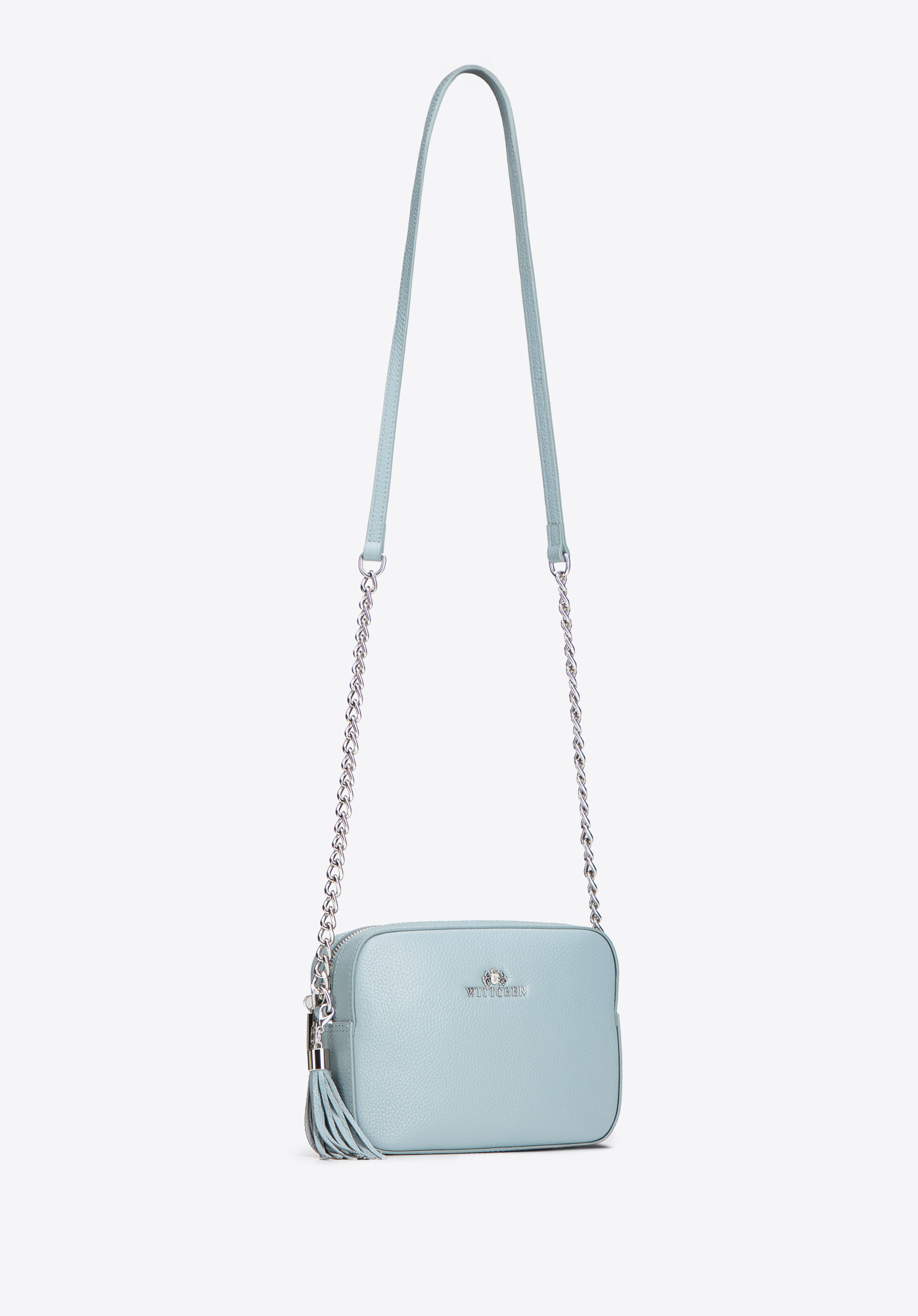 Dámská řetízková kožená crossbody kabelka, světlo modrá, 29-4E-015-7, Obrázek 1