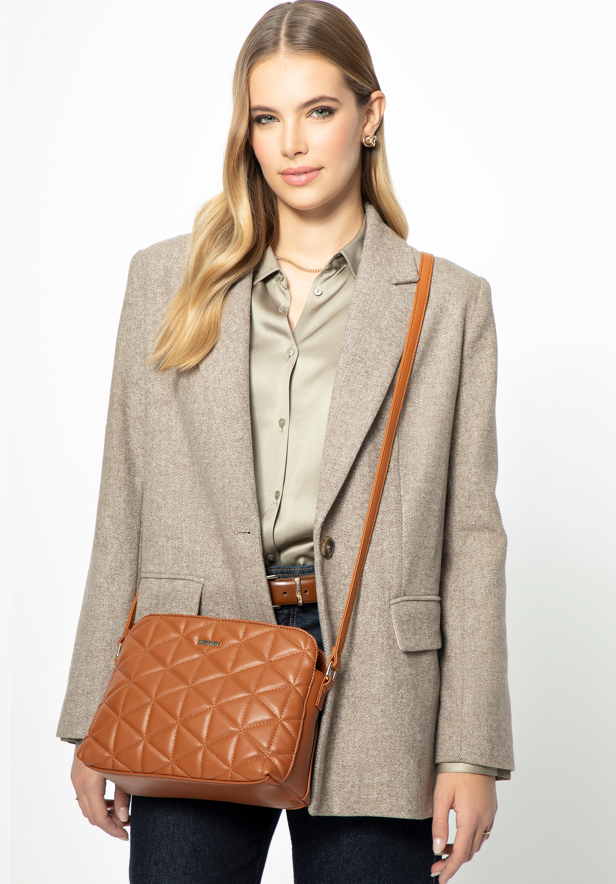 Dámska prešívaná crossbody kabelka z umelej kože, svetlohnedá, 99-4Y-605-5, Obrázok 1