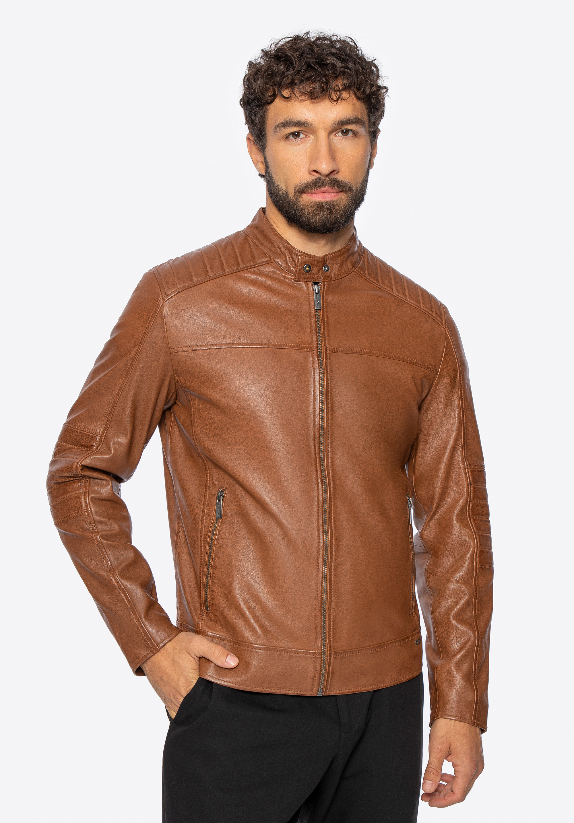 Pánska kožená bunda so stojatým golierom, svetlohnedá, 101-09-852-5-M, Obrázok 1