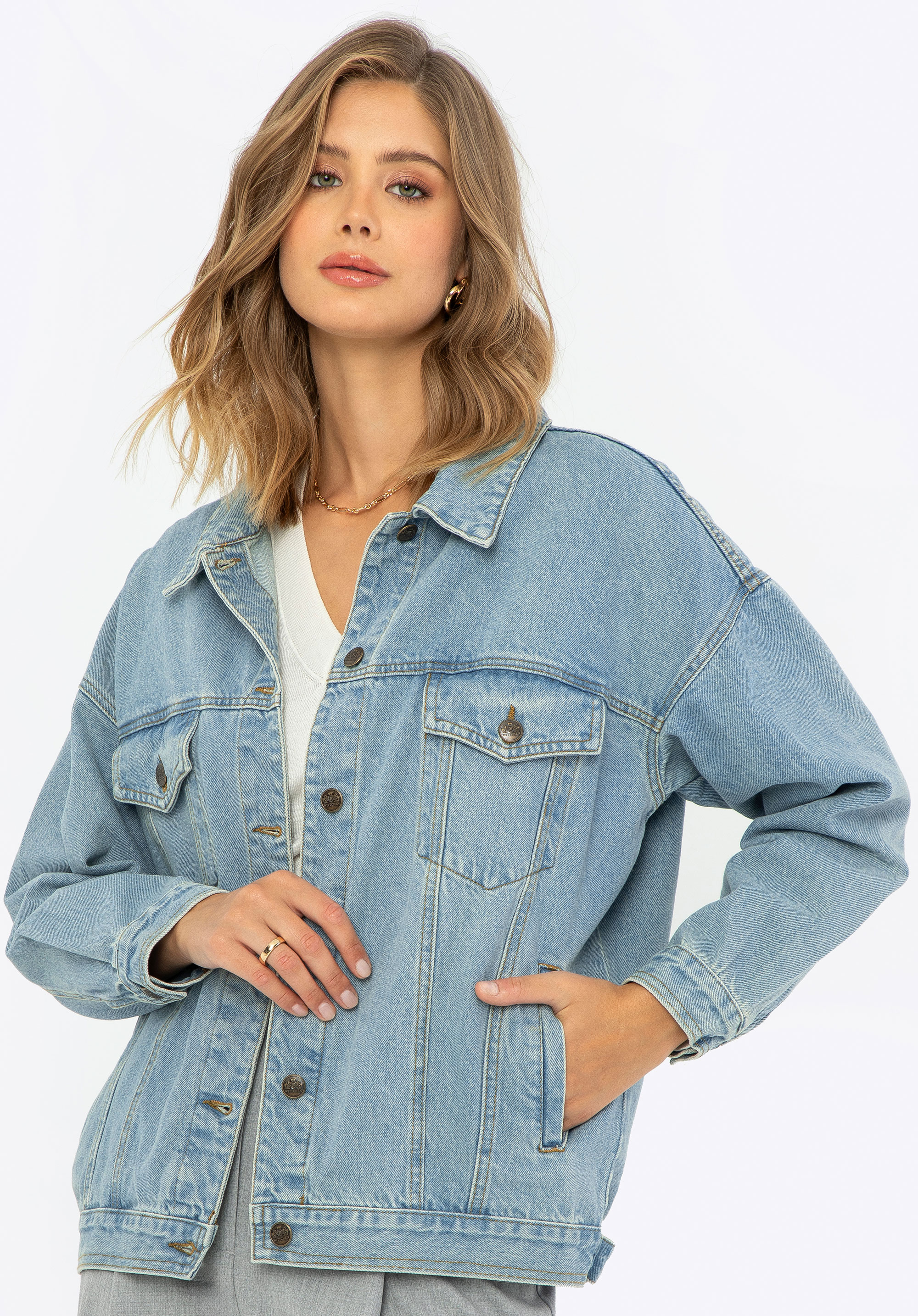 Dámska džínsová nadrozmerná bunda, svetlomodrá, 98-9X-900-7-S/M, Obrázok 1