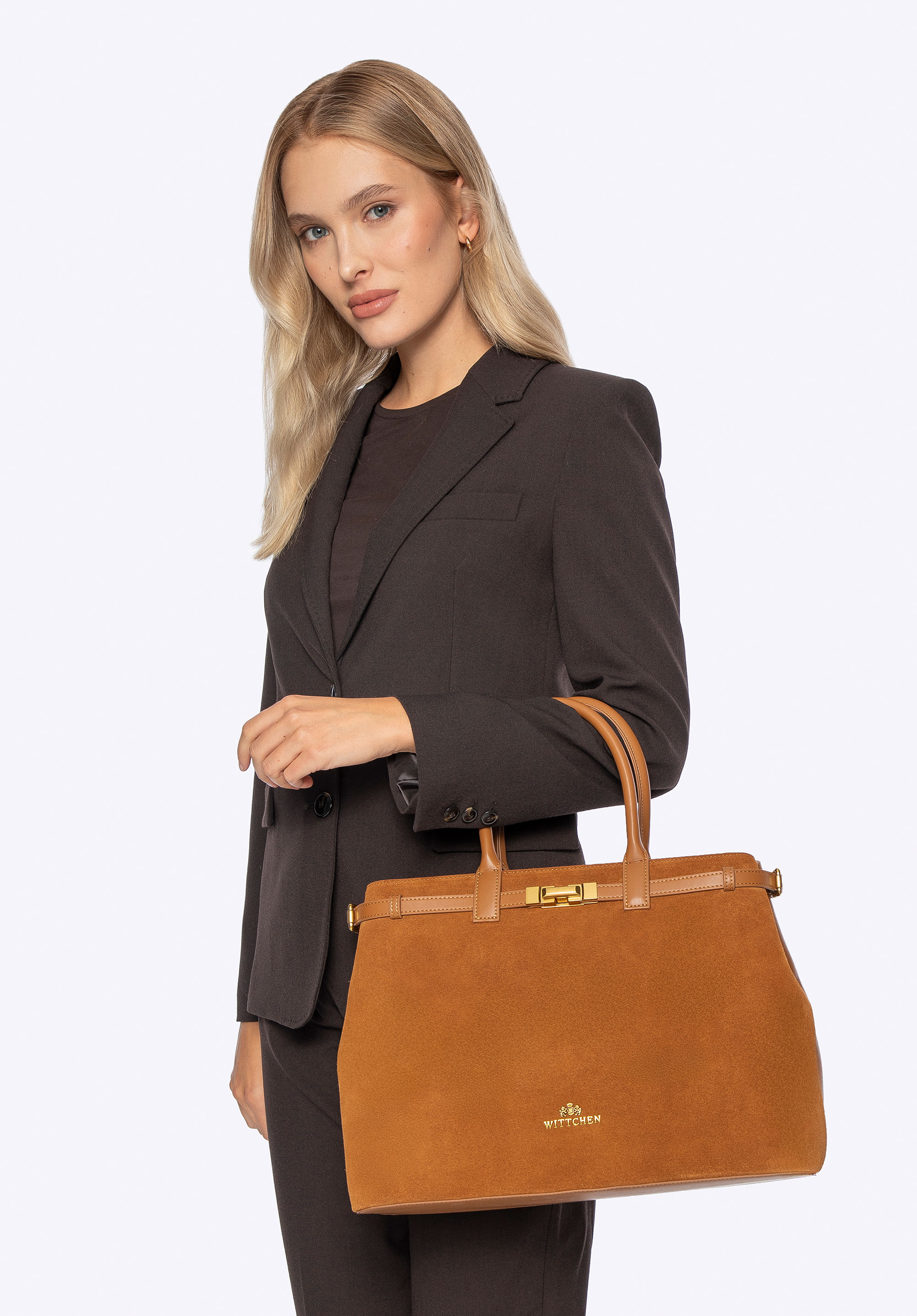 Сумка з гладкої шкіри та замші, світло-коричневий, 101-4E-204-5, Фото 1