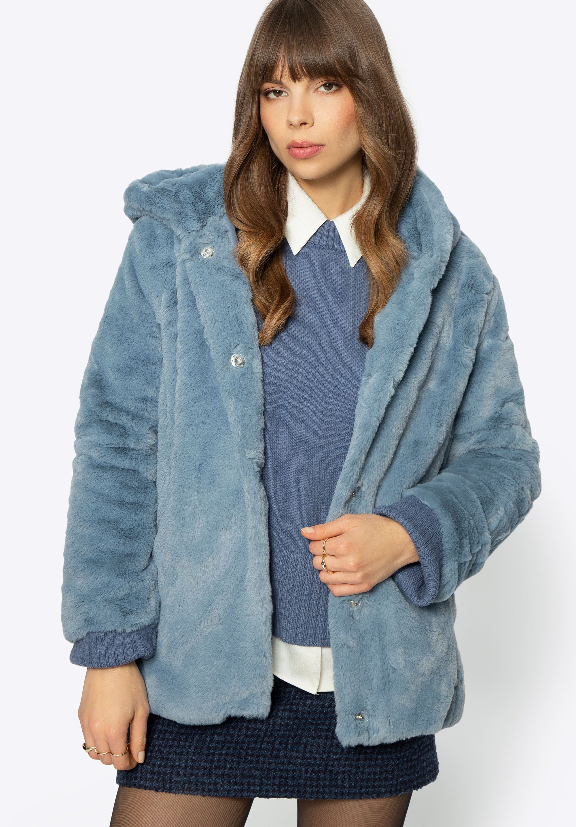 Női műszőrme oversize kabát kapucnival, szürke - kék, 95-9W-100-7-2XL, Fénykép 1
