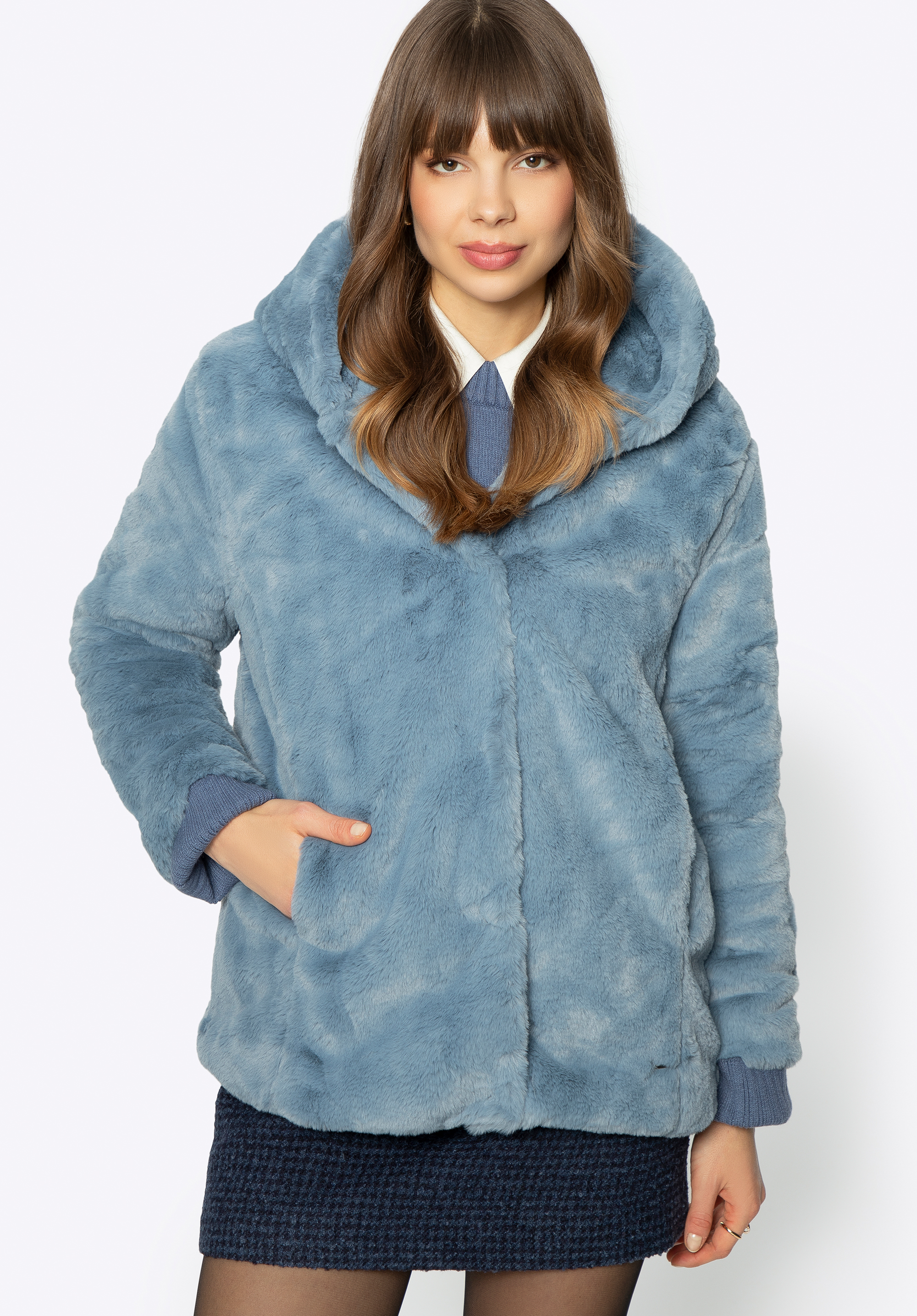 Női műszőrme oversize kabát kapucnival, szürke - kék, 95-9W-100-7-2XL, Fénykép 1