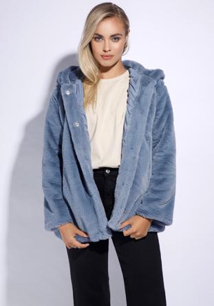 Női műszőrme oversize kabát kapucnival, szürke - kék, 95-9W-100-7-XL, Fénykép 1