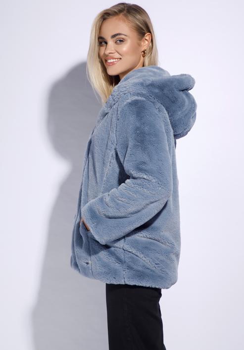 Női műszőrme oversize kabát kapucnival, szürke - kék, 95-9W-100-7-M, Fénykép 3