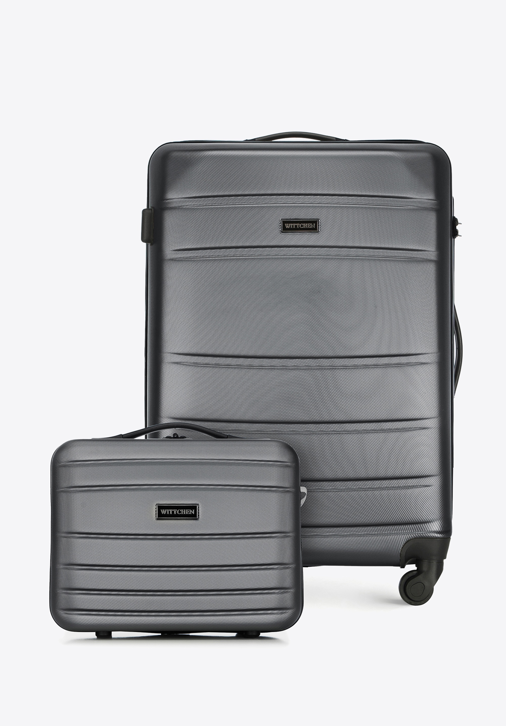 Közepes méretű bőrönd és kozmetikai táska barázdált ABS-ből, szürke, 56-3A-652-01K, Fénykép 1