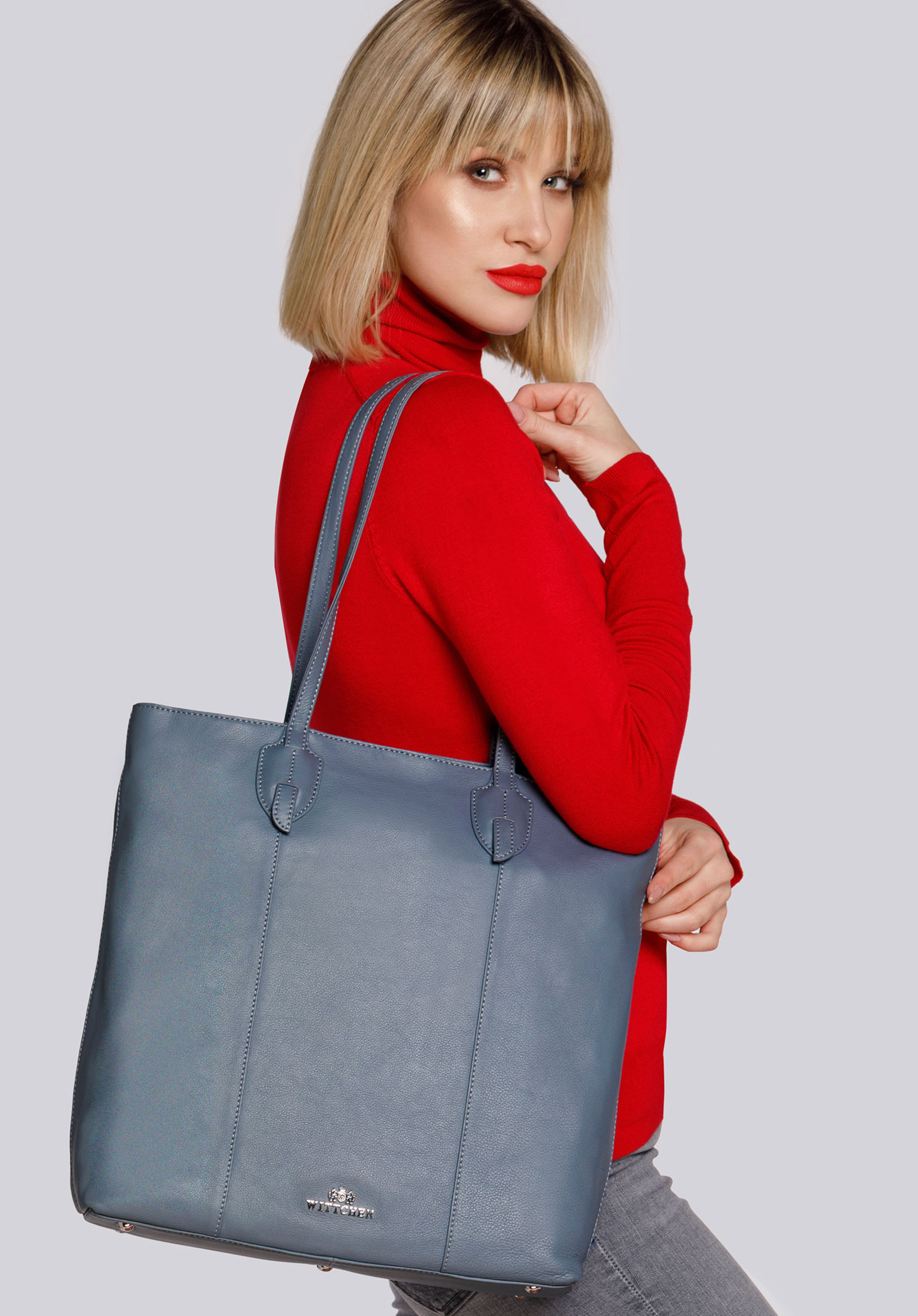 Shopper-Tasche aus Leder, taubenblau, 93-4E-211-8, Bild 1