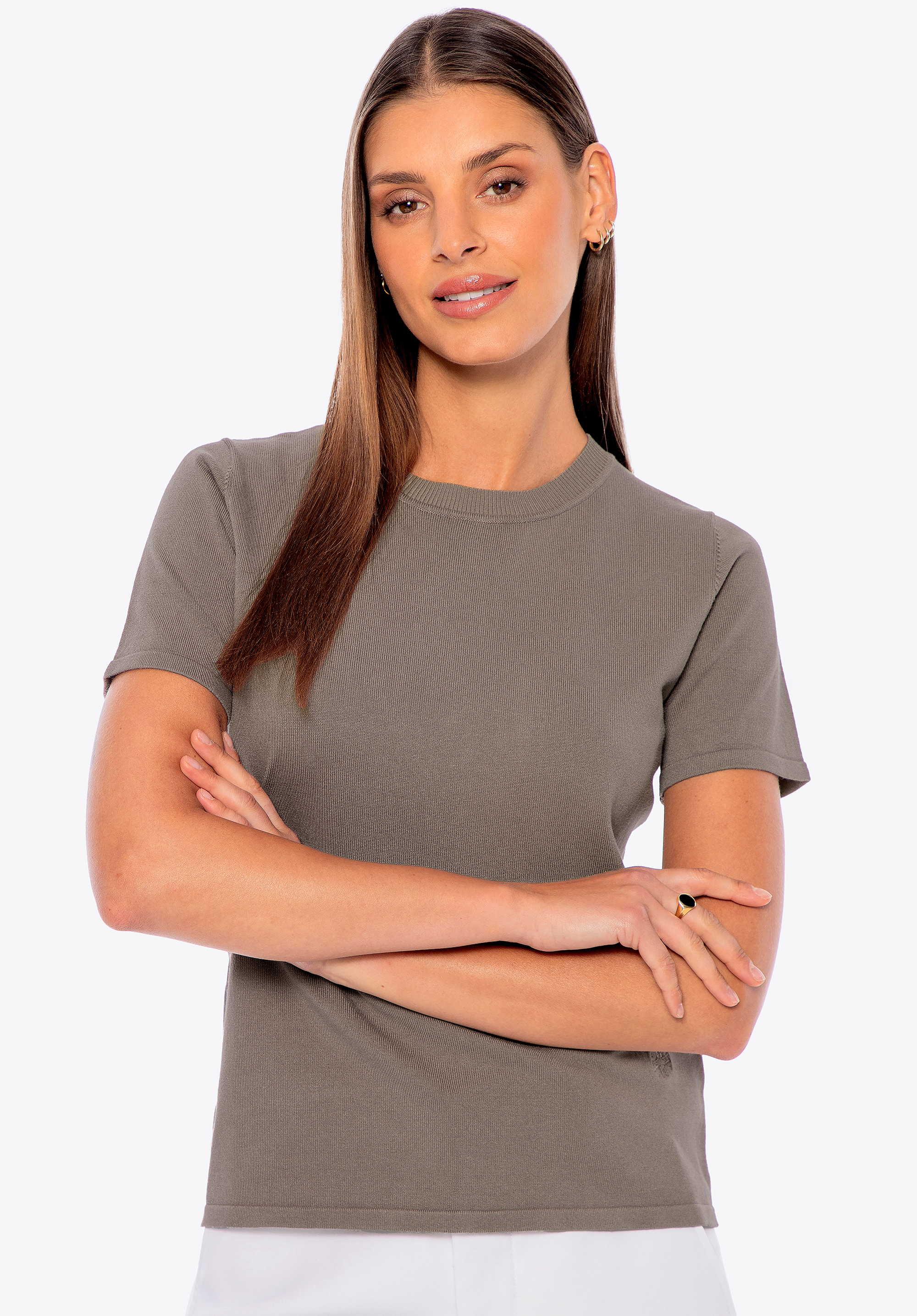 Damen Kurzarmpullover aus Viskose und Nylon, dunkelbeige, 29-99-004-9-L, Bild 1