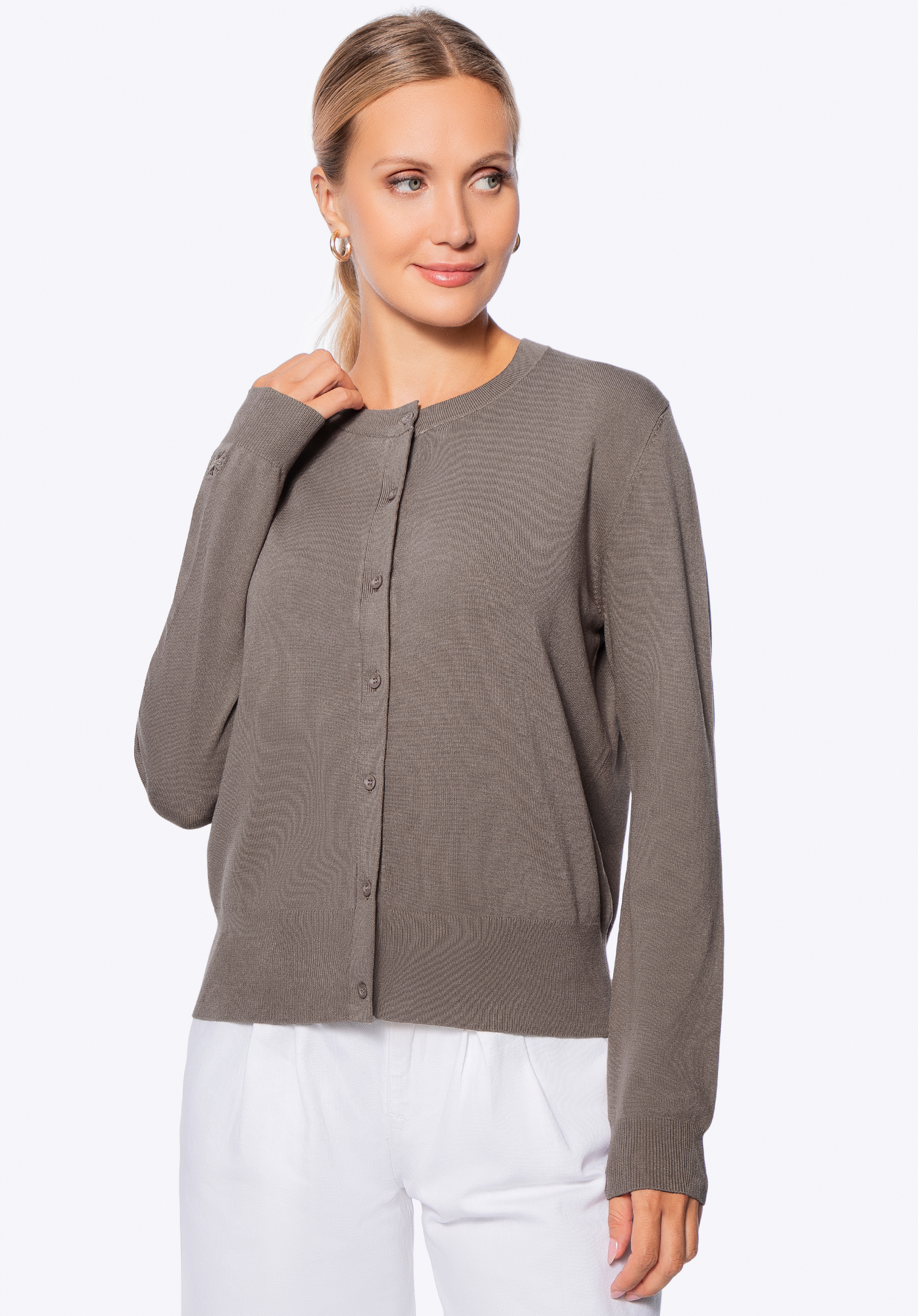 Dámsky kardigan z viskózy a nylonu, tmavobéžová, 29-99-003-9-L, Obrázok 1