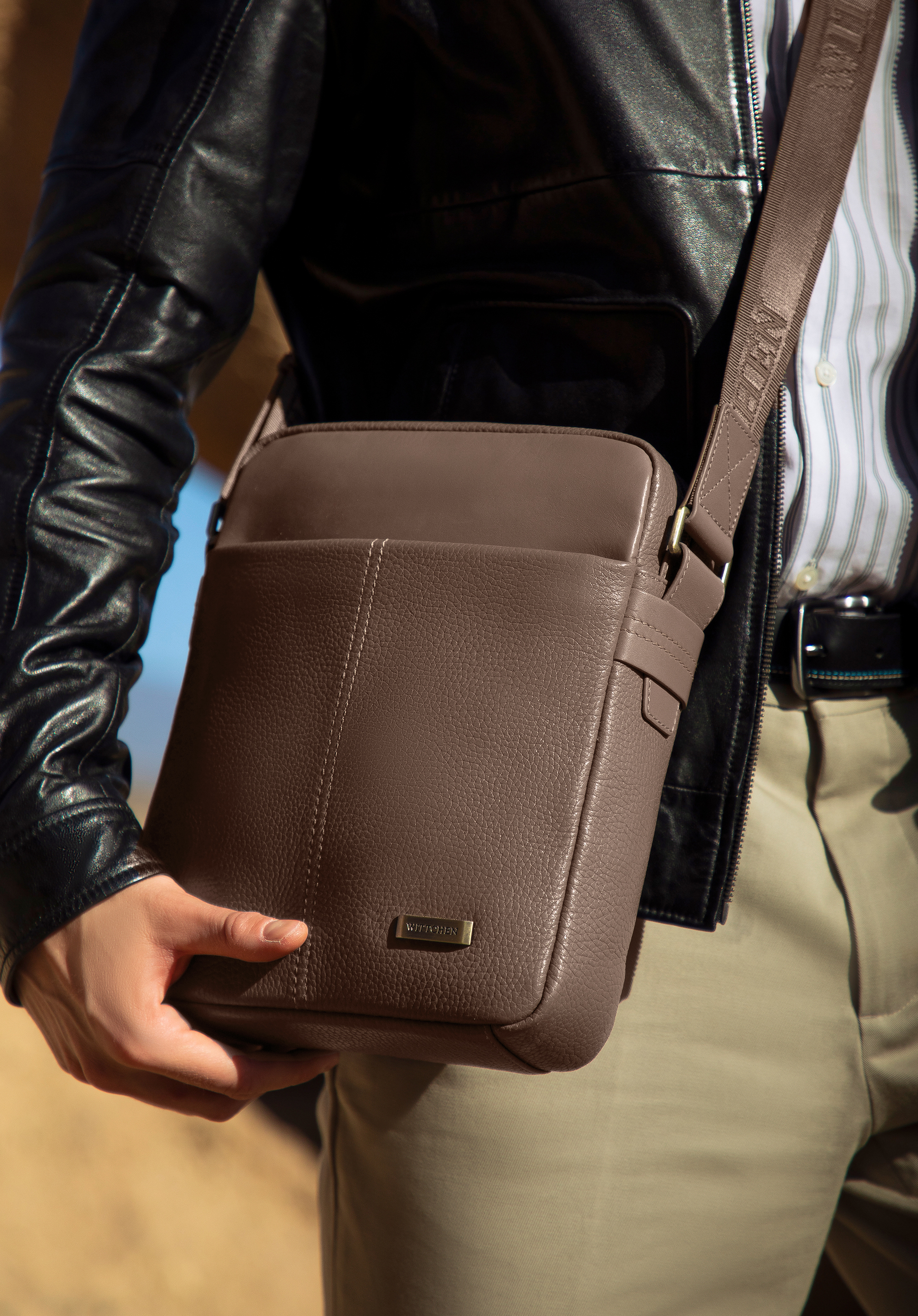 Herren Leder Umhängetasche, taupe, 100-4U-803-9, Bild 1