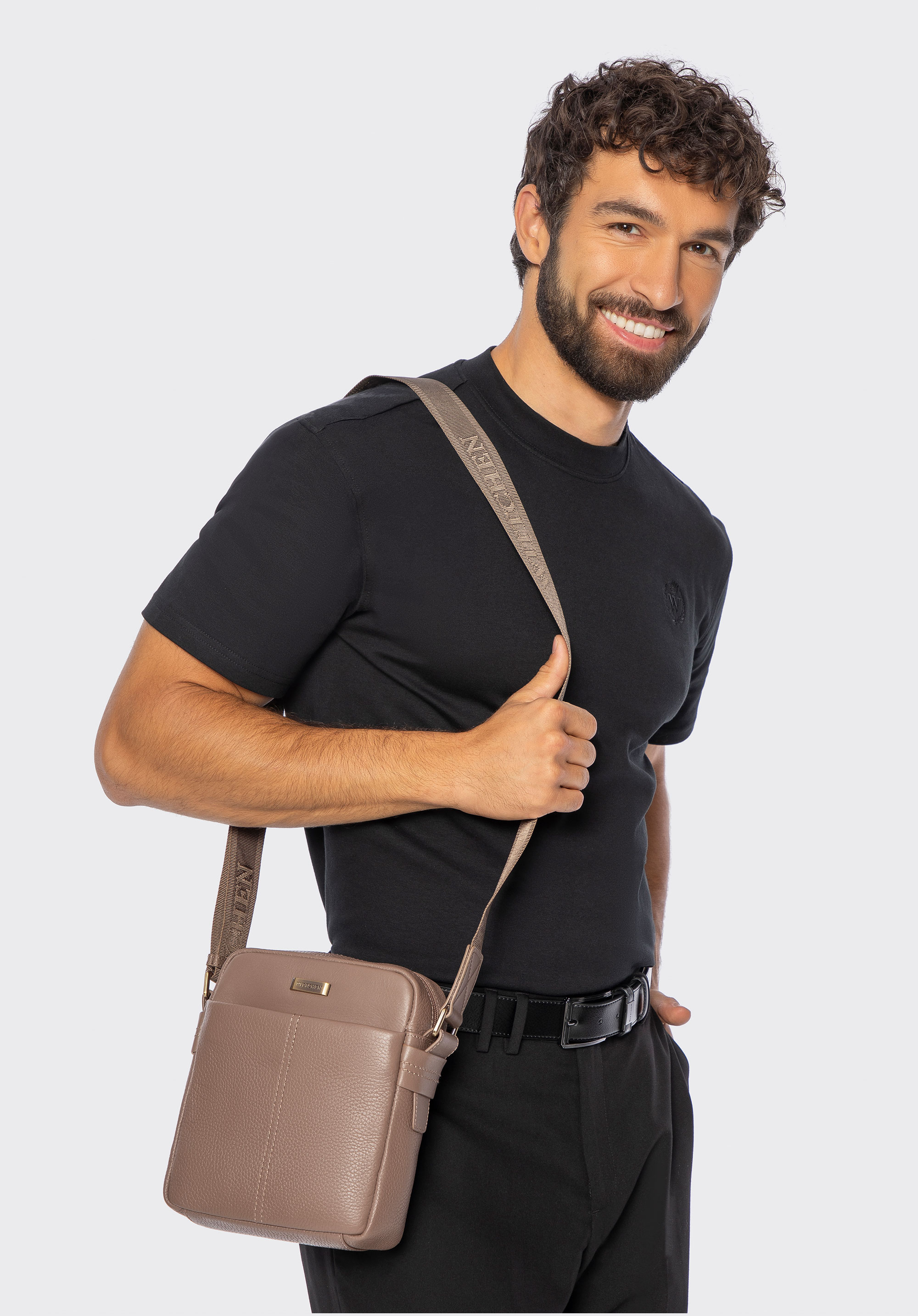 Herren Umhängetasche aus Naturleder mit Steppnaht, taupe, 100-4U-811-9, Bild 1