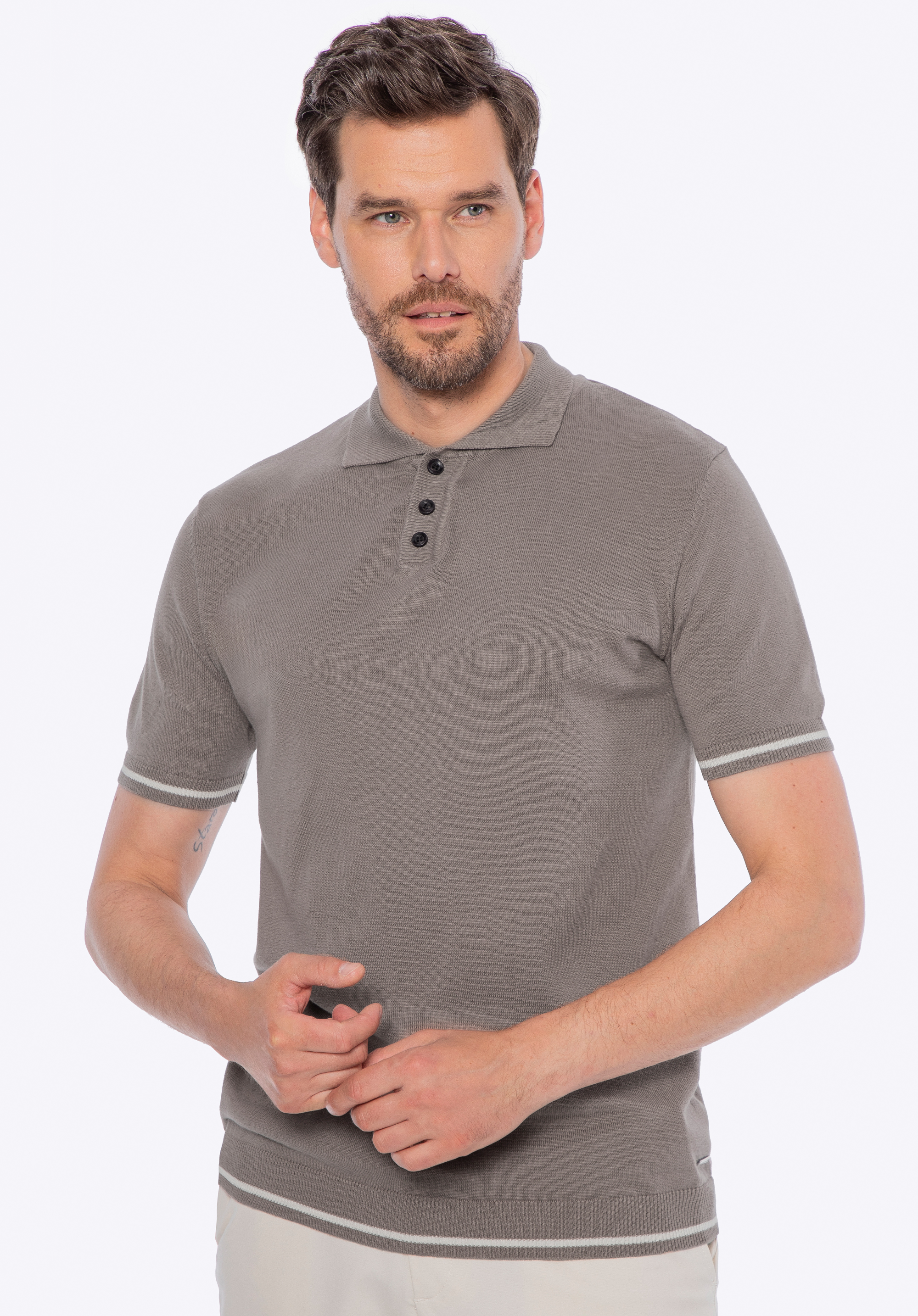 Tricou polo bărbătesc din bumbac cu garnitură contrastantă, bej închis, M0-99-107-9-S, Fotografie 1