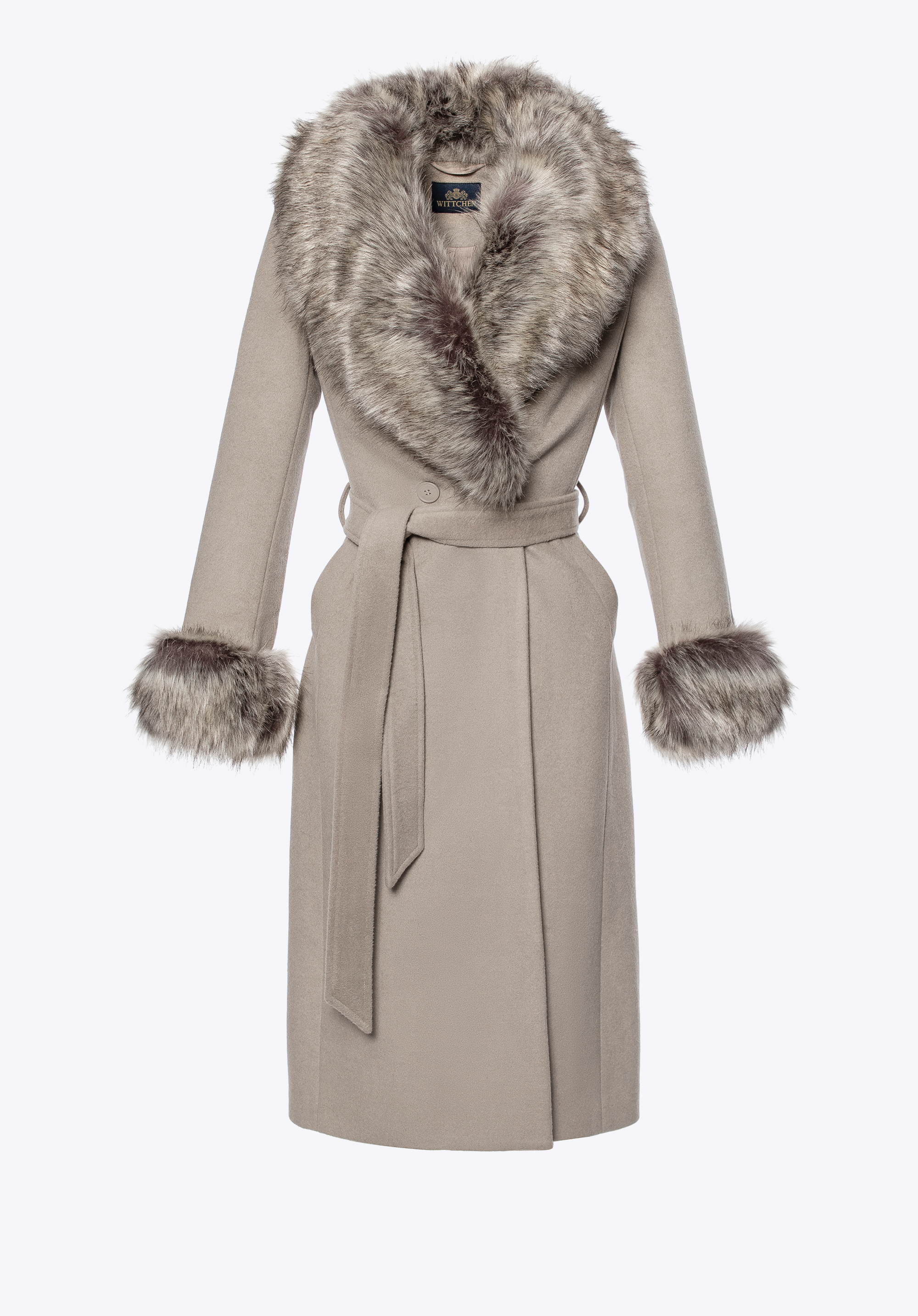 Жіноче пальто з вовною та елементами з хутра, темно-бежевий, 101-9W-500-9-2XL, Фото 30